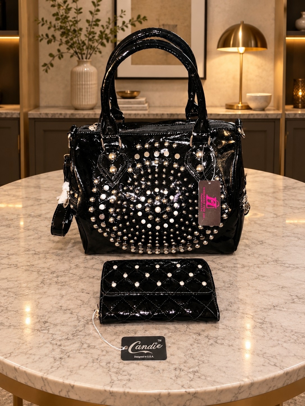 Brand New - Black Patent Studded Satchel with Matching Wallet